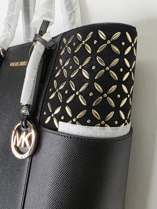 NWT Michael Kors Charlotte Large Top Zip Tote - Black Saffiano with Gold Floral - Picture 4 of 11